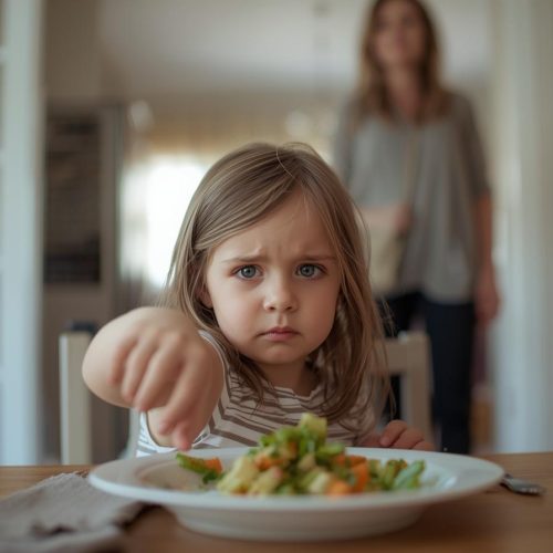 egy olyan kislány legyen a képen, aki nem eszi meg a vacsorát, anyukája a távolban áll a konyhában szomorúan. világos legyen a kép és életszerű-2